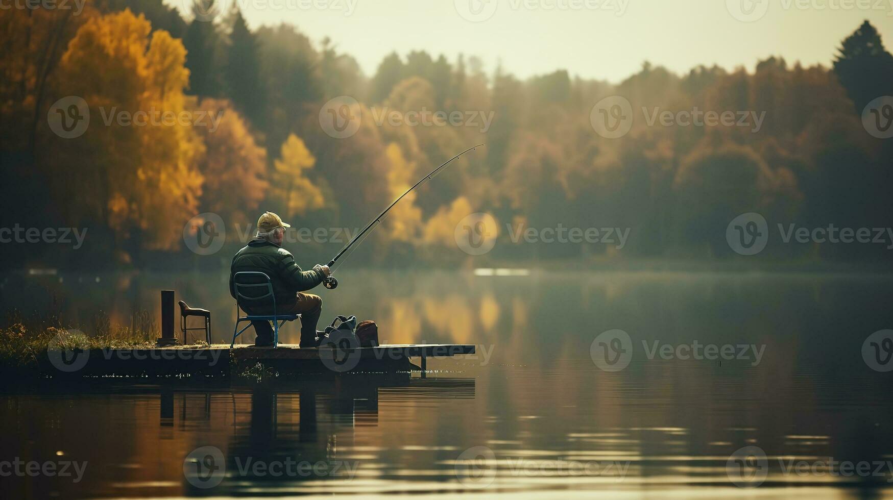 generativ ai, Angeln mit Stangen auf Herbst Landschaft in der Nähe von das Fluss, Fischer mit Spinnen, stumm geschaltet Farben foto