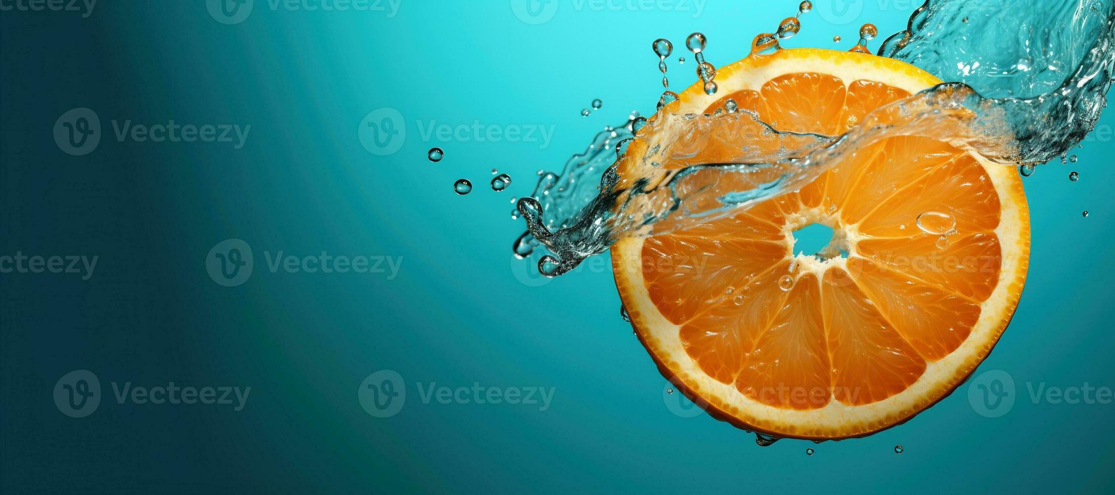 generativ ai, frisch Orange Makro, Scheibe im Wasser Spritzen, Orange und Blau Türkis Farben foto