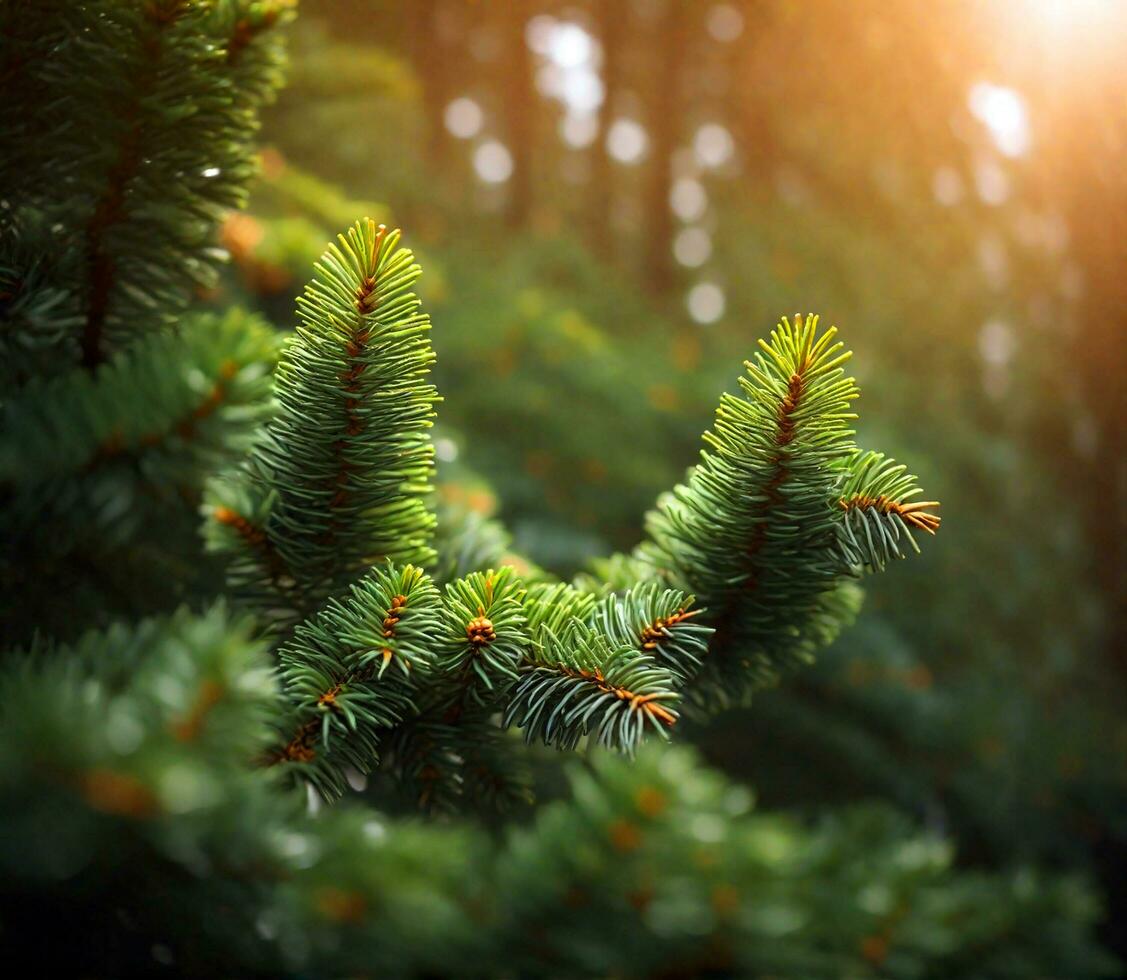 schließen oben von Tanne Baum Brunch mit Sonnenlicht Bokeh. flach Fokus. flauschige Tanne Baum Brunch schließen hoch. Weihnachten Hintergrund Konzept. Kopieren Raum. foto