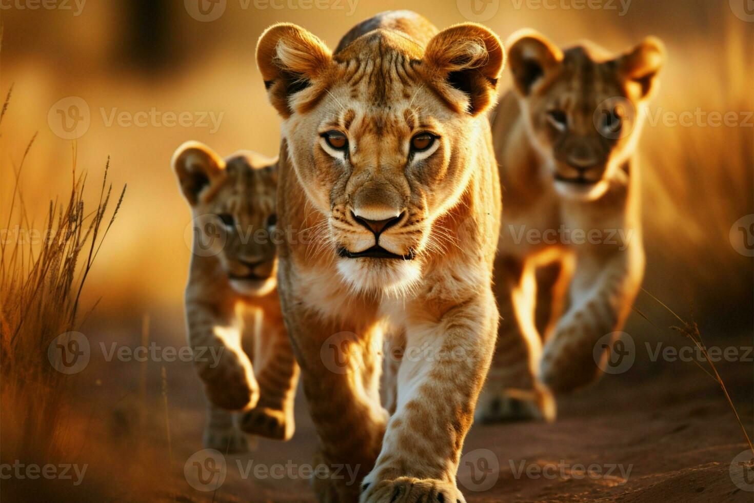 Tierwelt im Aktion Löwin und Jungen erkunden das Savanne Straße ai generiert foto