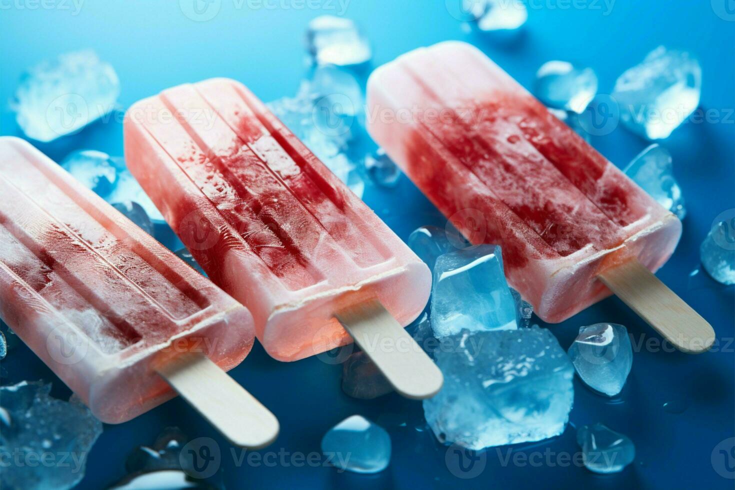 gekühlt Freuden Eis am Stiel und Eis Würfel auf ein Blau Oberfläche ai generiert foto