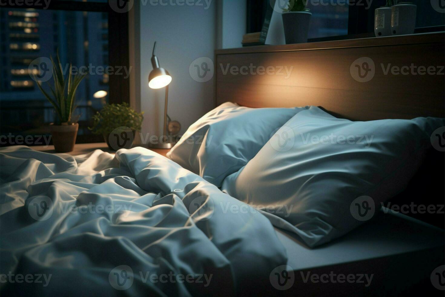 Schlafzimmer Gelassenheit Sanft Blau Bettwäsche zündete durch ein elektrisch Lampe ai generiert foto