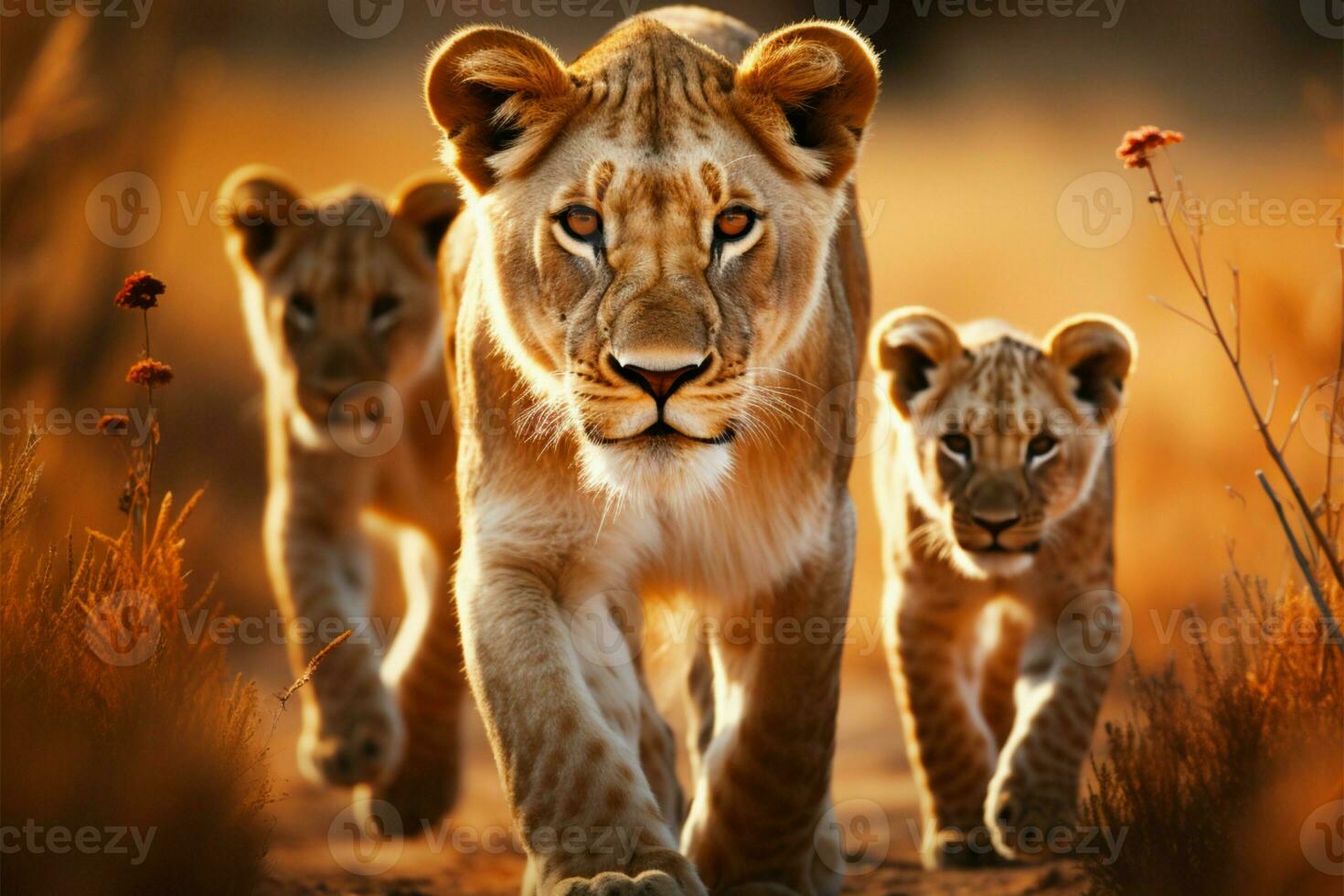Löwin und Jungen durchstreifen das Savanne Straße, ein lebendig Tierwelt Sicht ai generiert foto