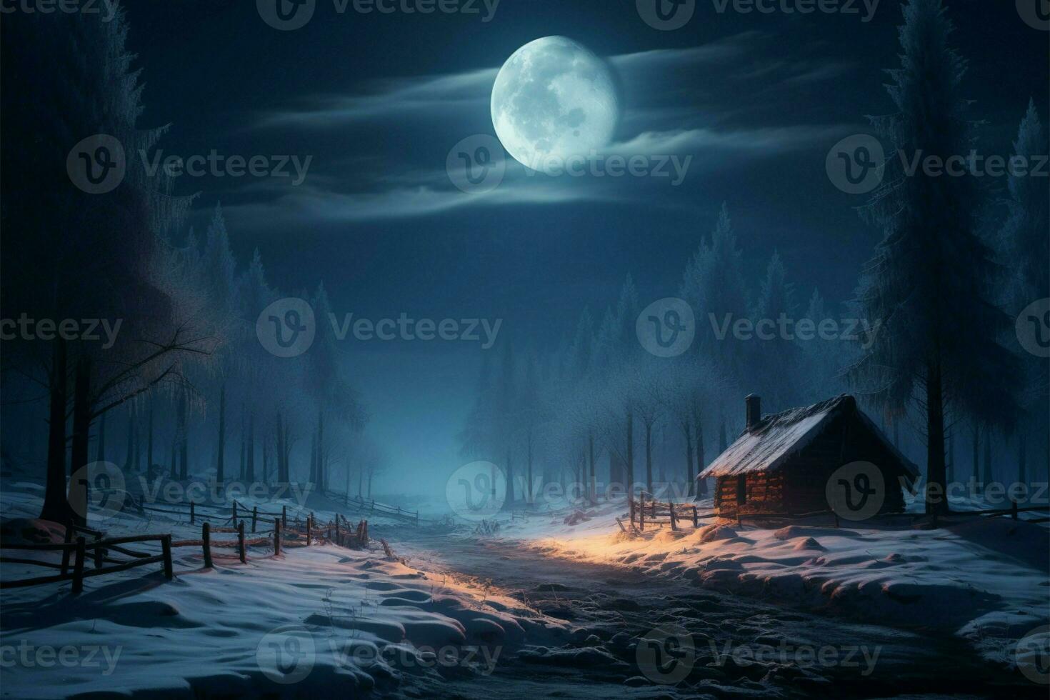 gespenstisch Winter Nacht mit Mondlicht leuchten das chillen gefroren Wald ai generiert foto