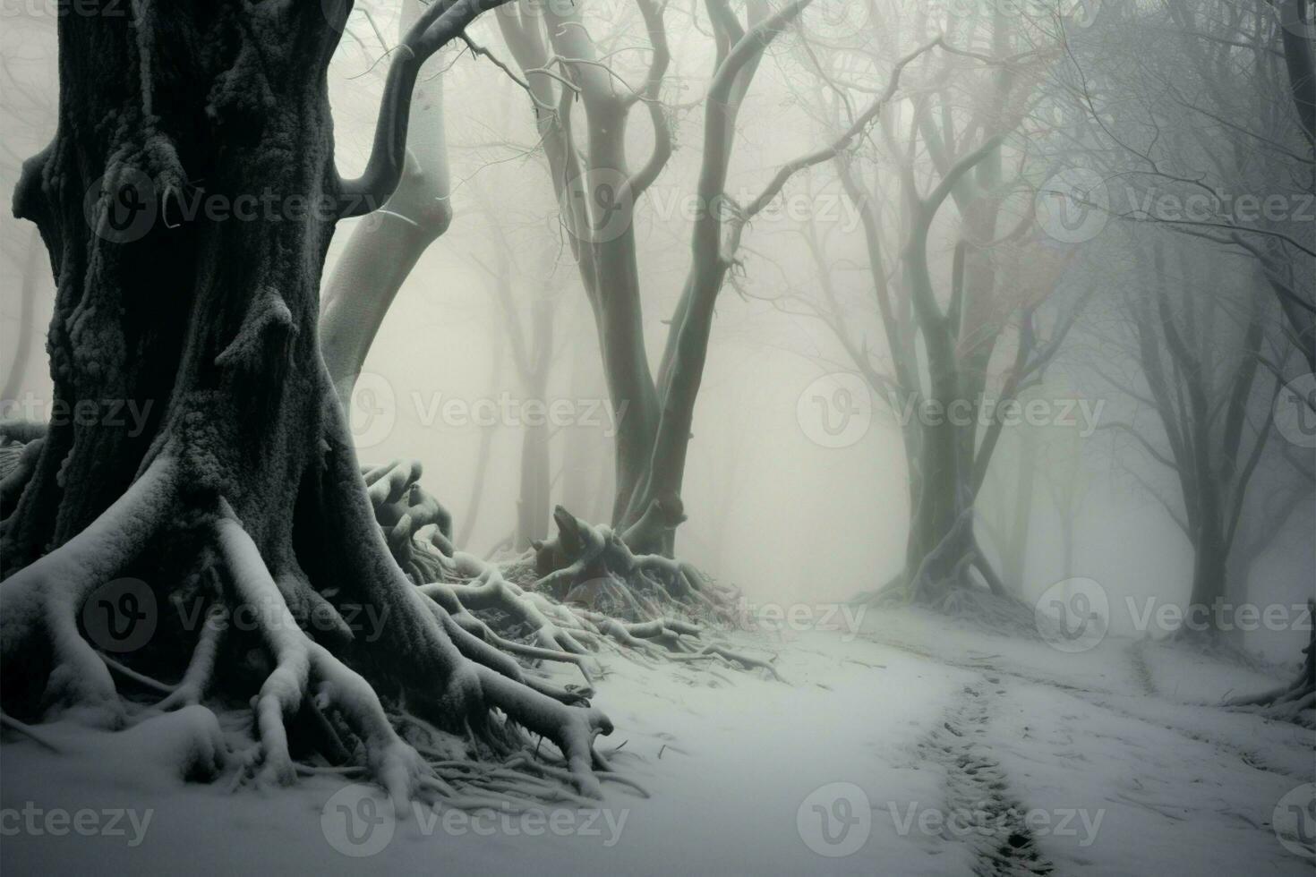 mystisch Buchenholz verhüllt im Winter Nebel, ein zauberhaft natürlich Wunder ai generiert foto
