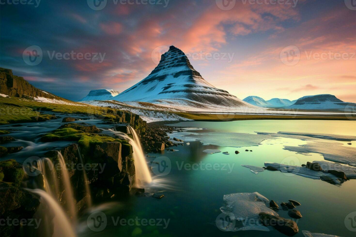 kirkjufell Berg unter das Nord Beleuchtung, ein magisch isländisch Panorama ai generiert foto