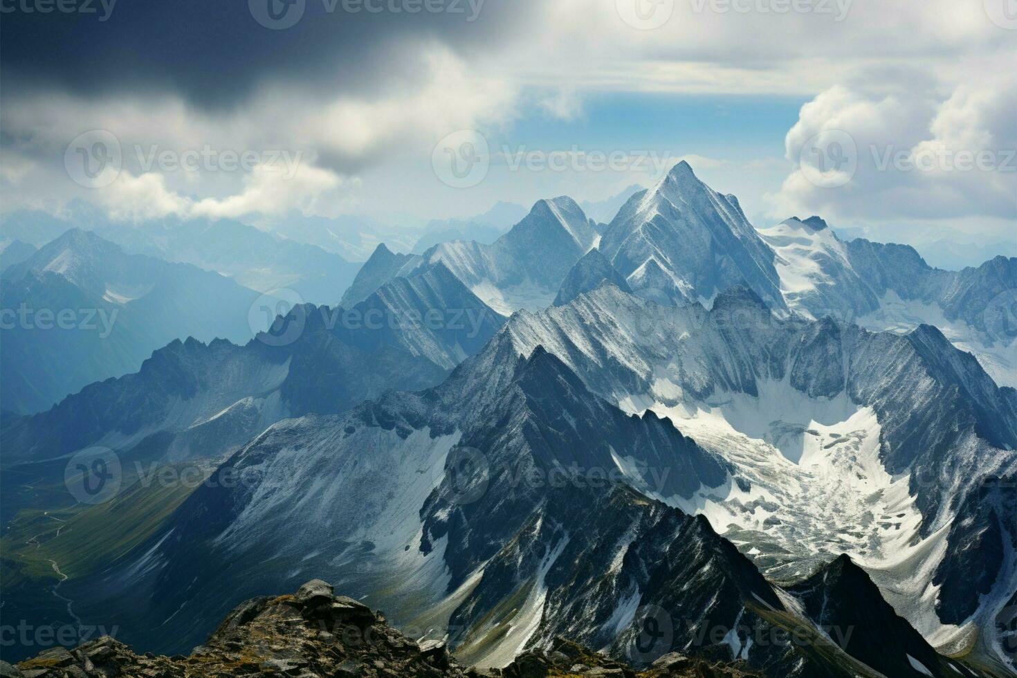 hoch Höhe Landschaften, wo Berge Befehl Erden atemberaubend, robust Größe ai generiert foto