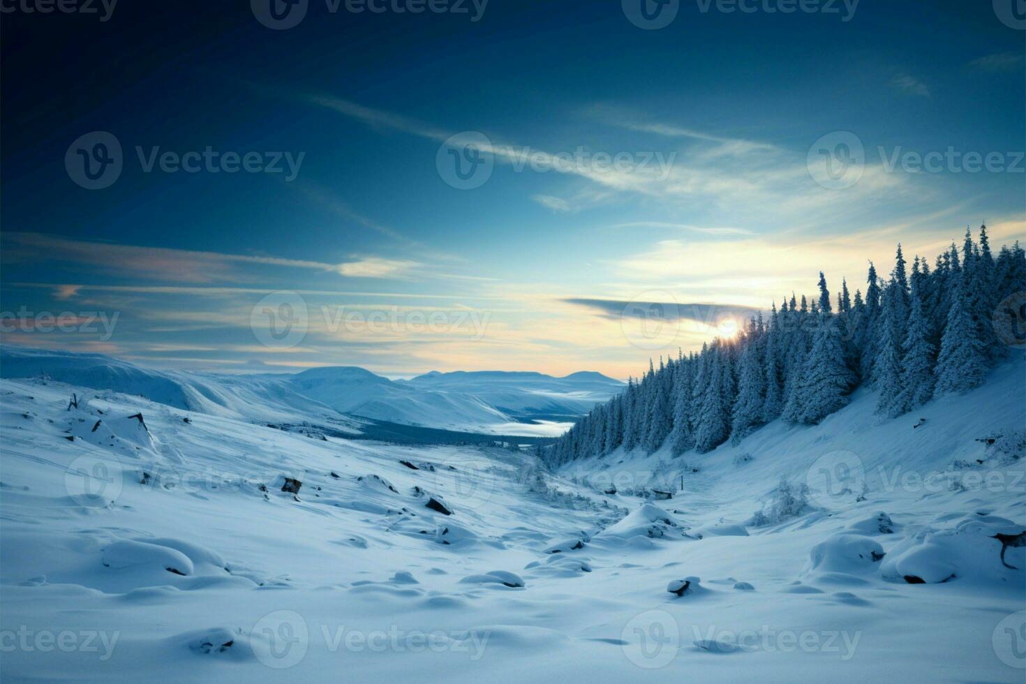 ein faszinierend winterlich Szene mit Schnee gekleidet Terrain und gefroren Aussichten ai generiert foto