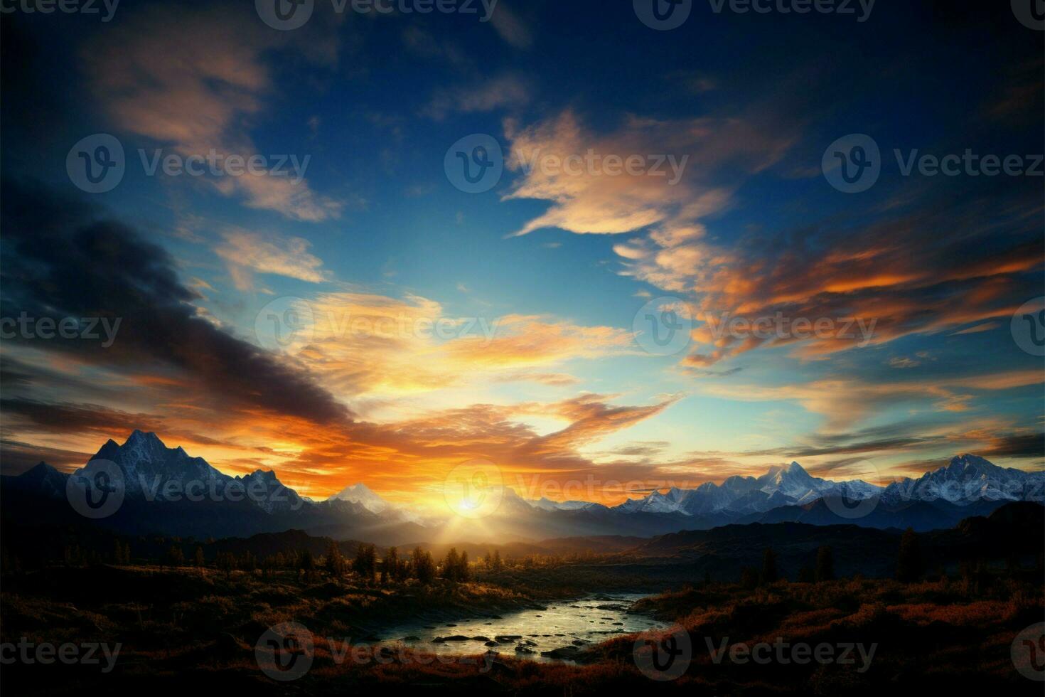 ein bergig Landschaft akzentuiert ein malerisch, Sonne durchnässt und bunt Himmel ai generiert foto