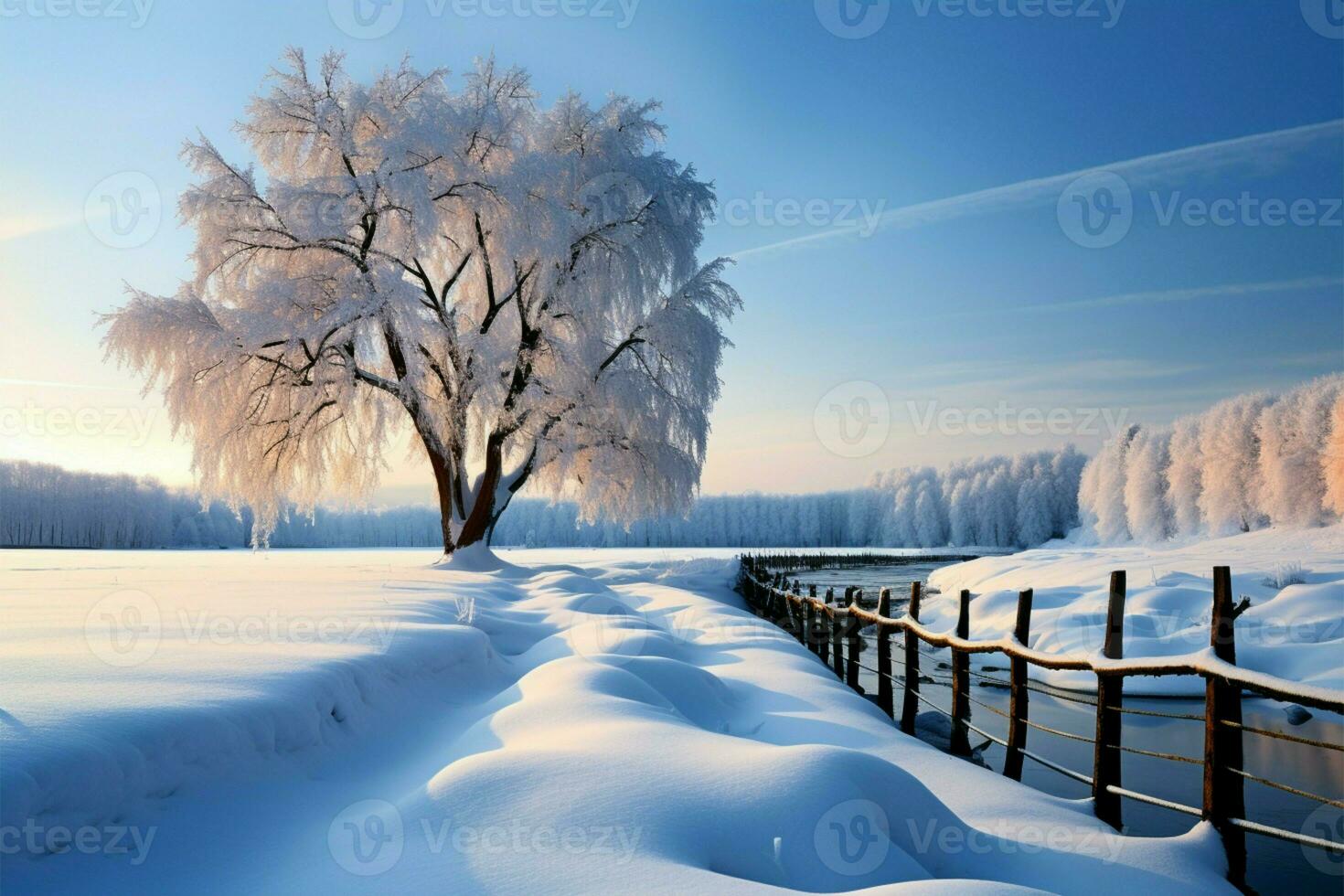 ein schön Winter Szene, mit Bäume geschmückt im makellos, glitzernd Schnee ai generiert foto