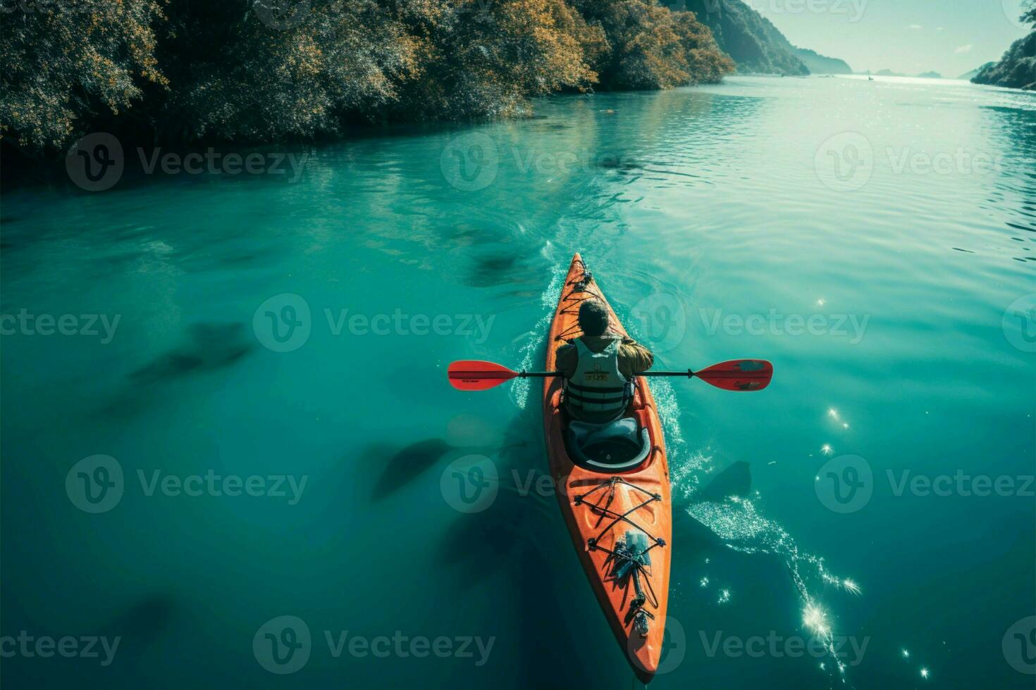 Fluss Kajak fahren Abenteuer, navigieren das Wasser still noch aufregend Wendungen ai generiert foto