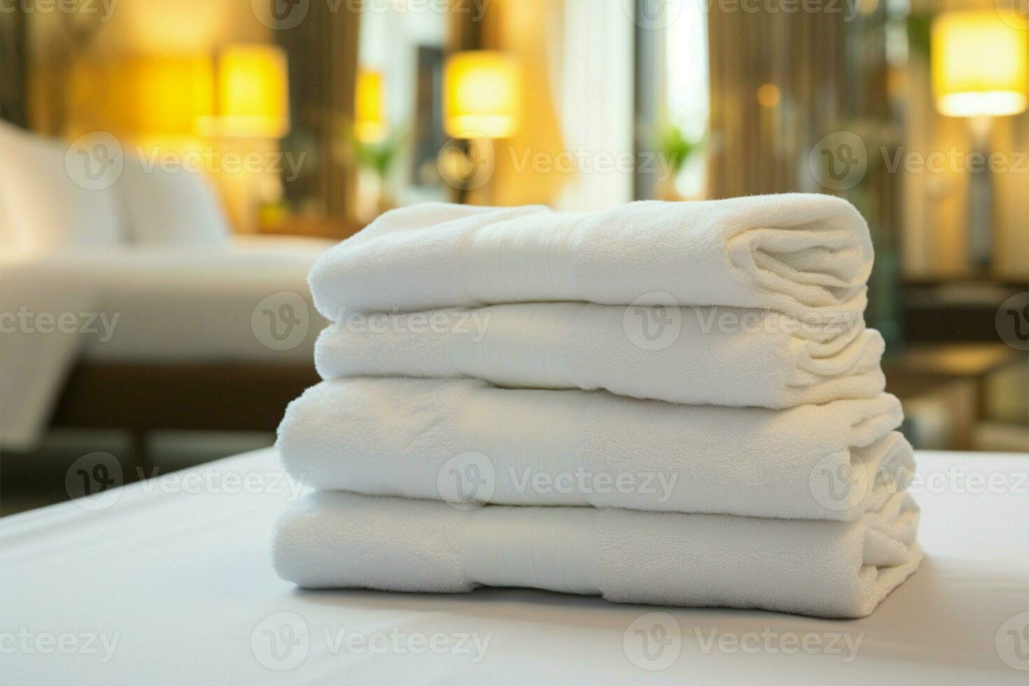 heiter Resort Rahmen ein ordentlich gefaltet Weiß Handtuch ruht anmutig ai generiert foto