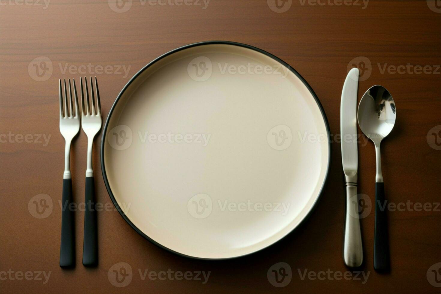 Essen das Wesentliche ein leeren Teller mit Gabel, Messer, und Löffel ai generiert foto