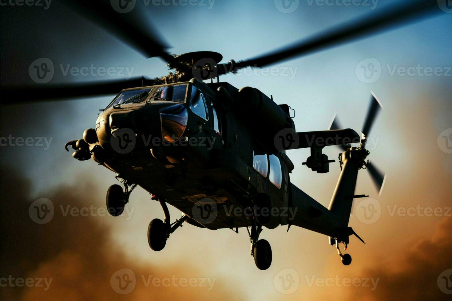 Flug und Transport sind beispielhaft dargestellt durch ein unmarkiert Militär- Hubschrauber ai generiert foto