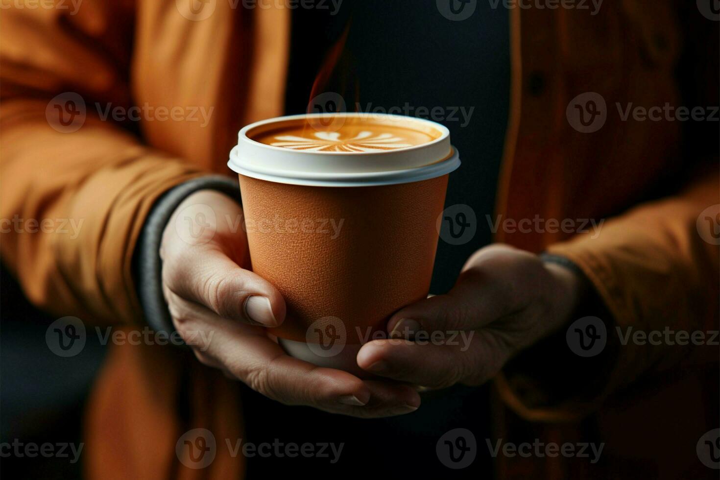 schließen oben Schuss Hand packend ein wohltuend Kaffee Tasse ai generiert foto