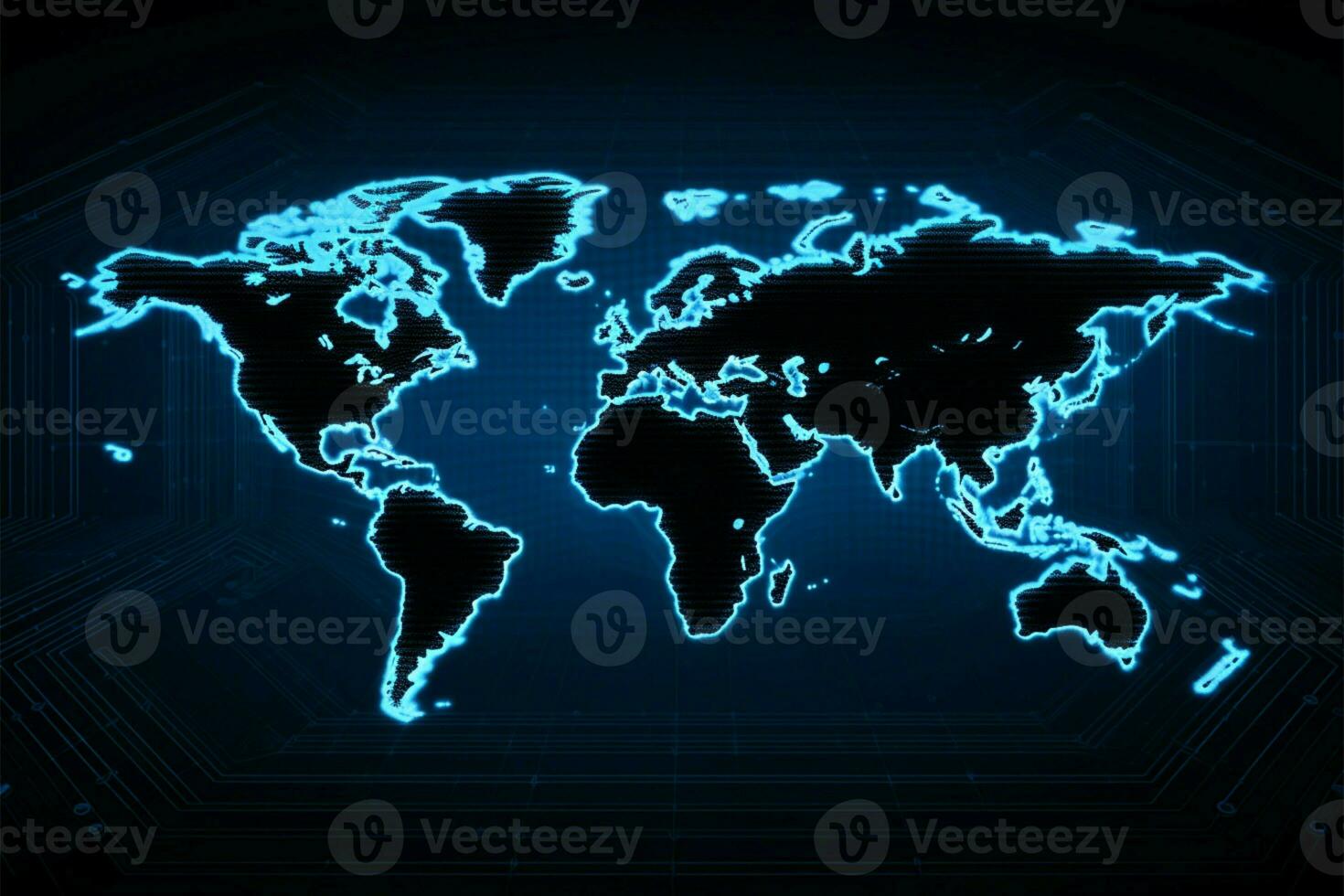 Blau LED Mauer Textur mit ein abstrakt global Karte Anzeige ai generiert foto
