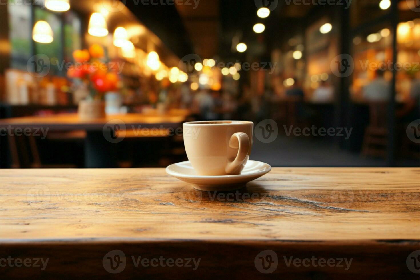 abstrakt Kaffee Geschäft Ambiente hinter ein rustikal Holz Tabelle Szene ai generiert foto