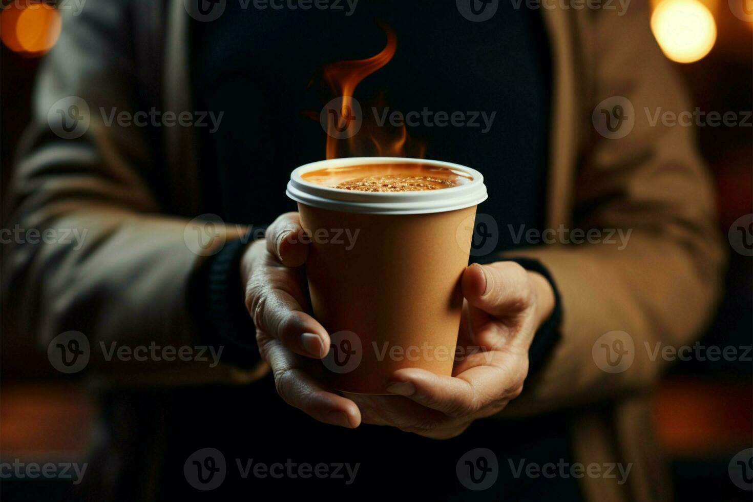 Wärme im Hand ein schließen oben von ein Kaffee Tasse ai generiert foto