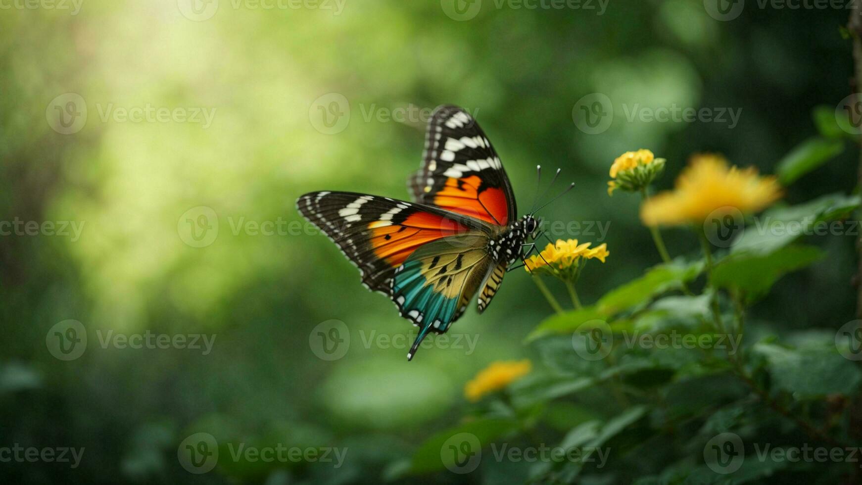 Natur Hintergrund mit ein schön fliegend Schmetterling mit Grün Wald ai generativ foto