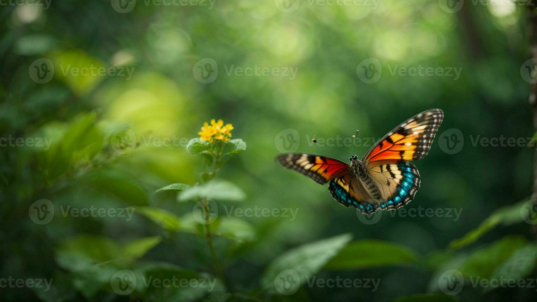 Natur Hintergrund mit ein schön fliegend Schmetterling mit Grün Wald ai generativ foto