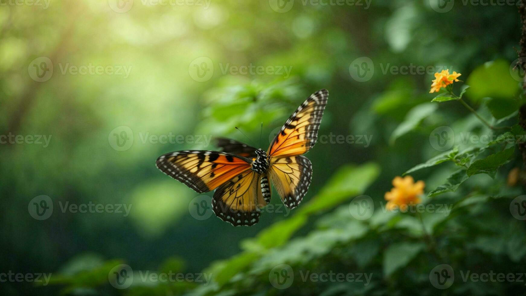 Natur Hintergrund mit ein schön fliegend Schmetterling mit Grün Wald ai generativ foto