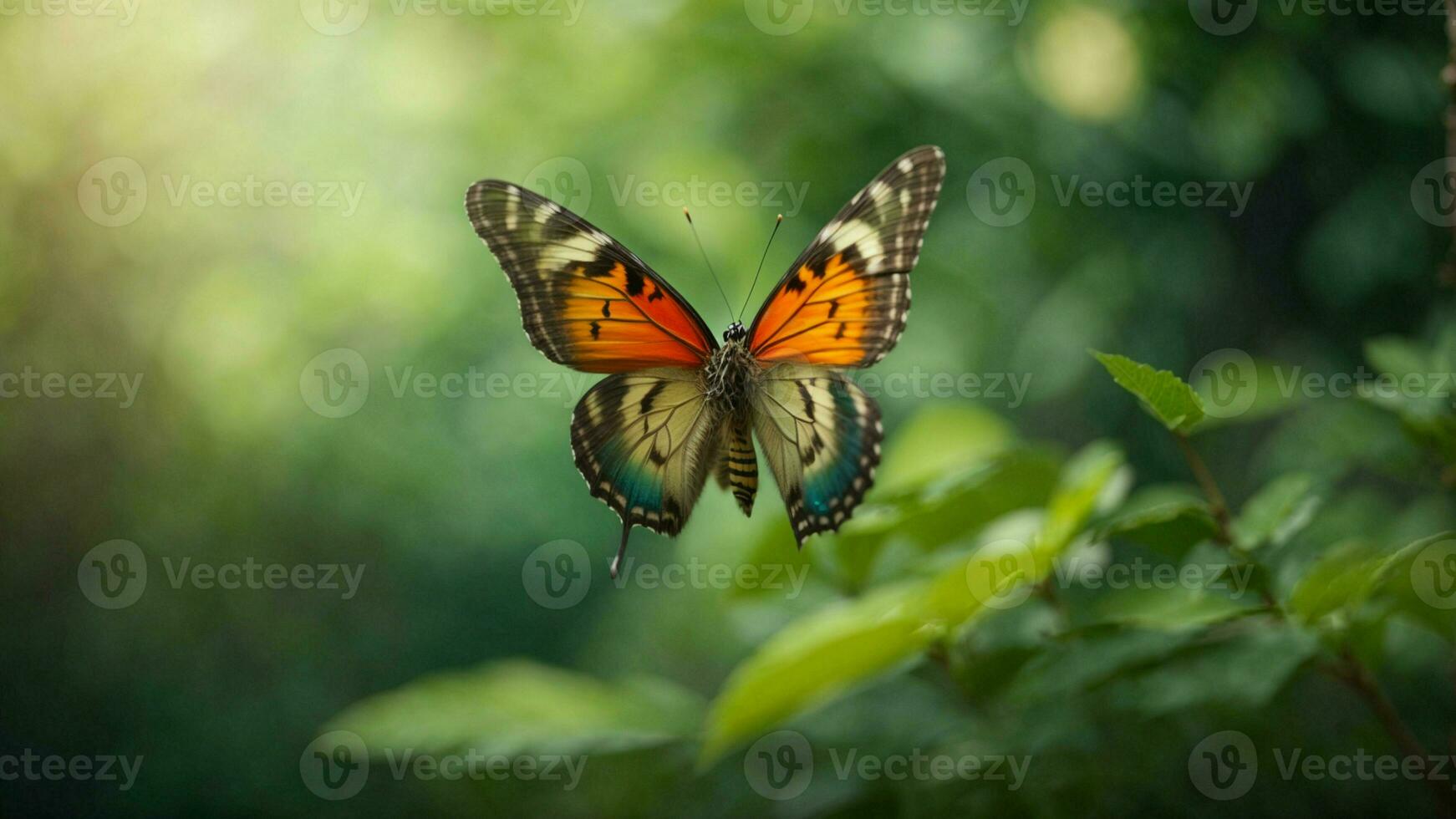 Natur Hintergrund mit ein schön fliegend Schmetterling mit Grün Wald ai generativ foto