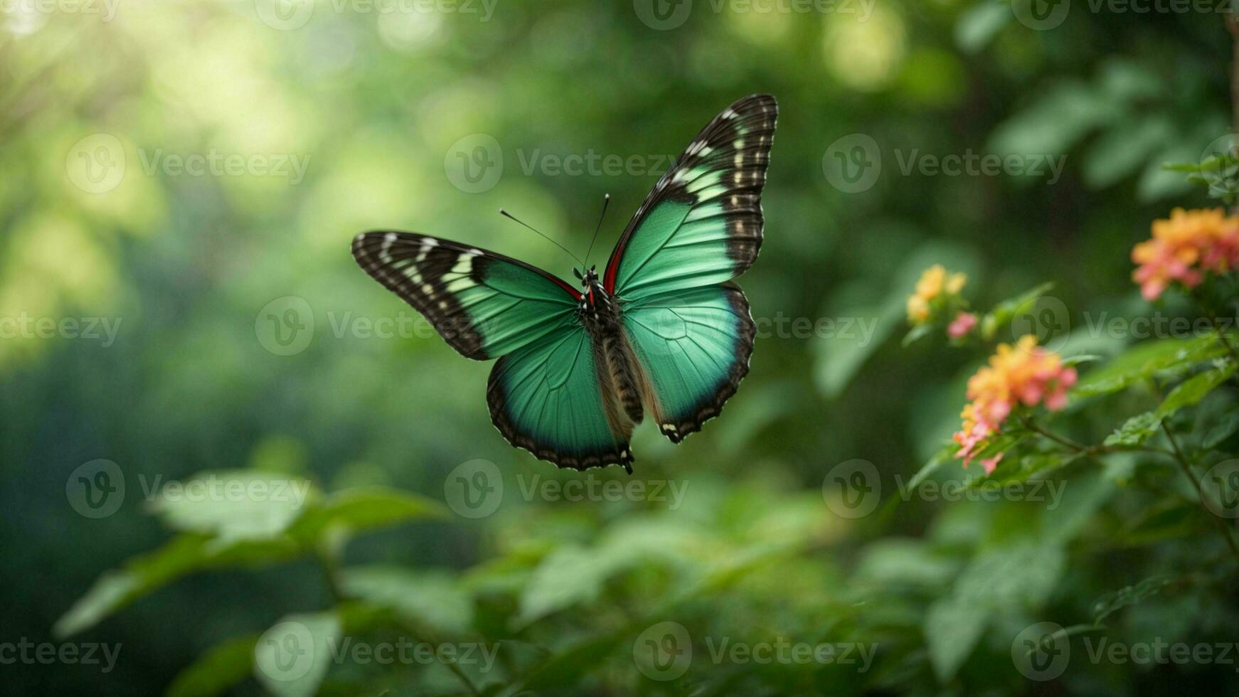 Natur Hintergrund mit ein schön fliegend Schmetterling mit Grün Wald ai generativ foto