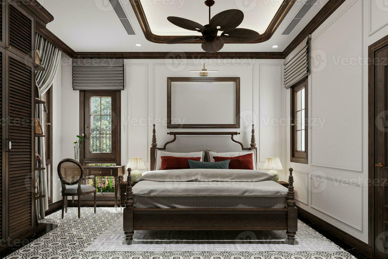 Schlafzimmer Innere mit klassisch und traditionell Bett, Almira. 3d Rendern foto