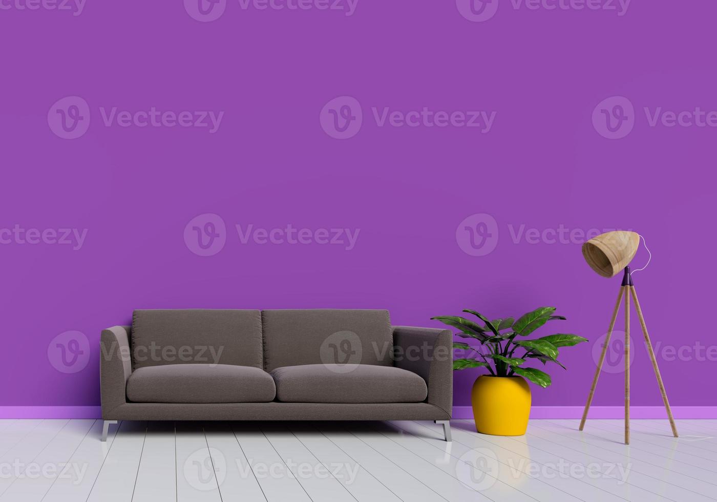 modernes Innendesign des lila Wohnzimmers mit braunem Sofa foto