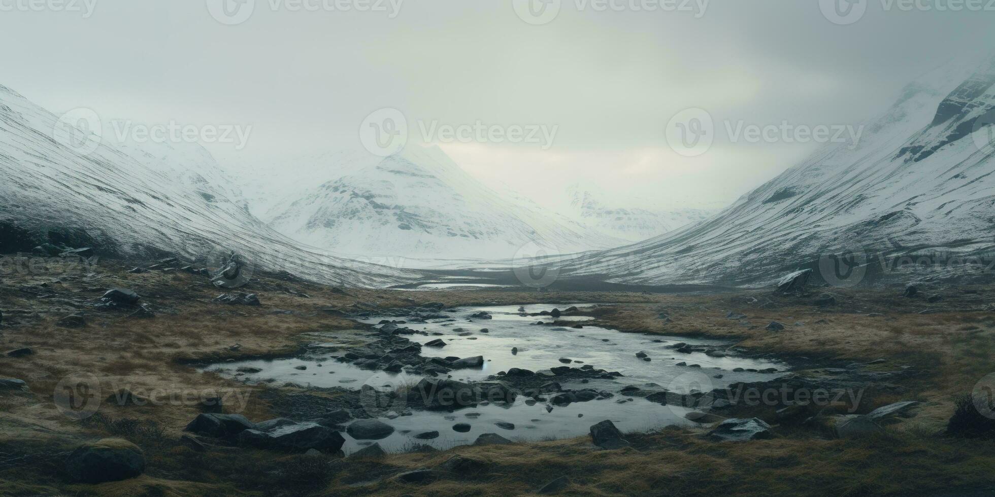 generativ ai, Winter ästhetisch Landschaft Panorama, stumm geschaltet neutral Farben, Wald und Berge. foto