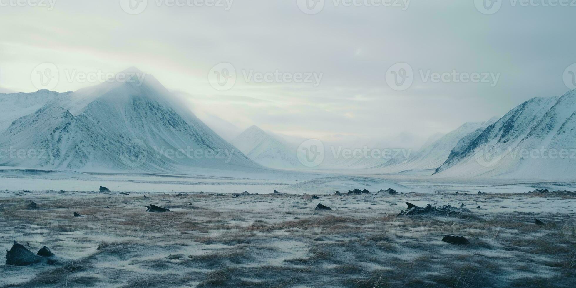 generativ ai, Winter ästhetisch Landschaft Panorama, stumm geschaltet neutral Farben, Wald und Berge. foto