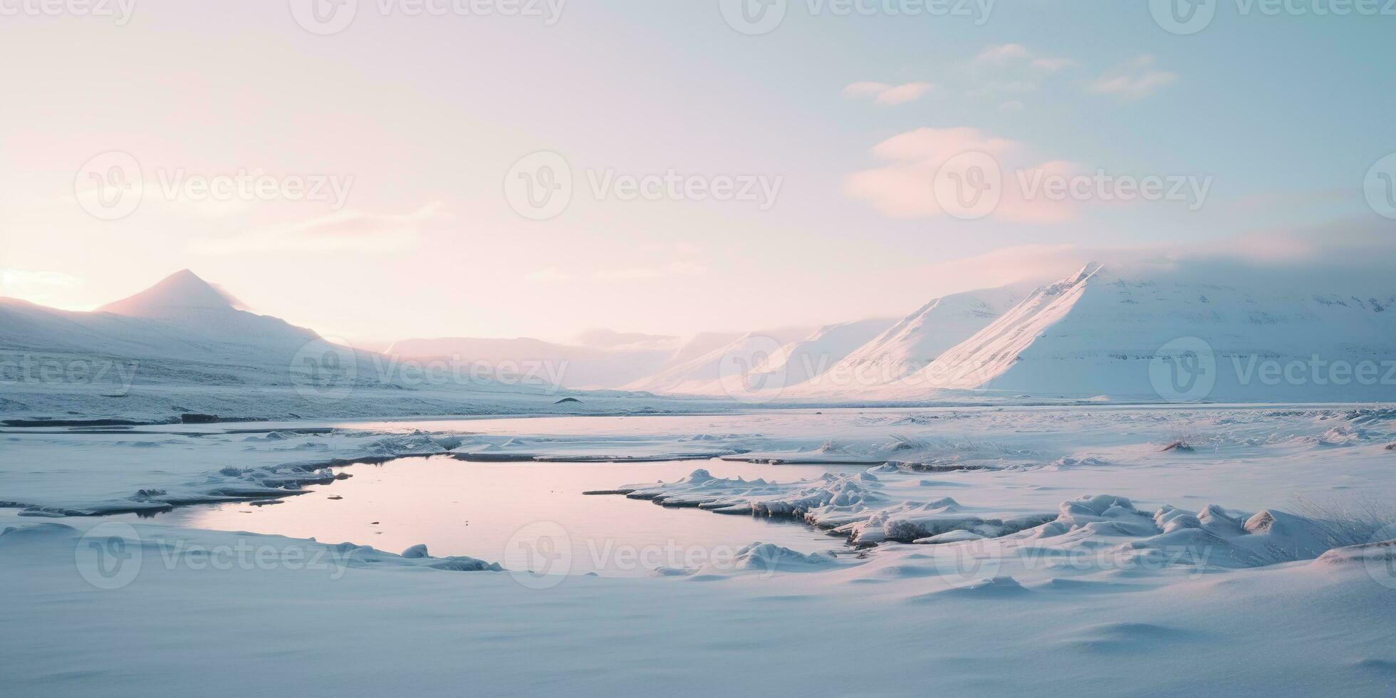 generativ ai, Winter ästhetisch Landschaft Panorama, stumm geschaltet neutral Farben, Wald und Berge. foto