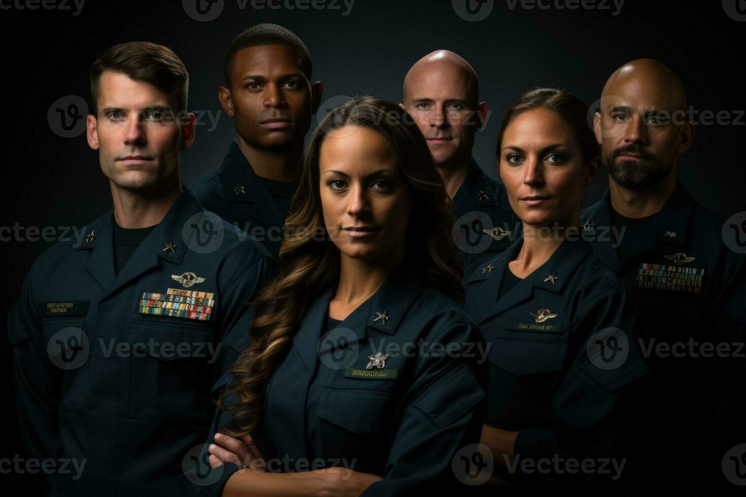 multi ethnisch Militär- Personal Porträts isoliert auf ein Gradient Mut Marine Blau Hintergrund foto