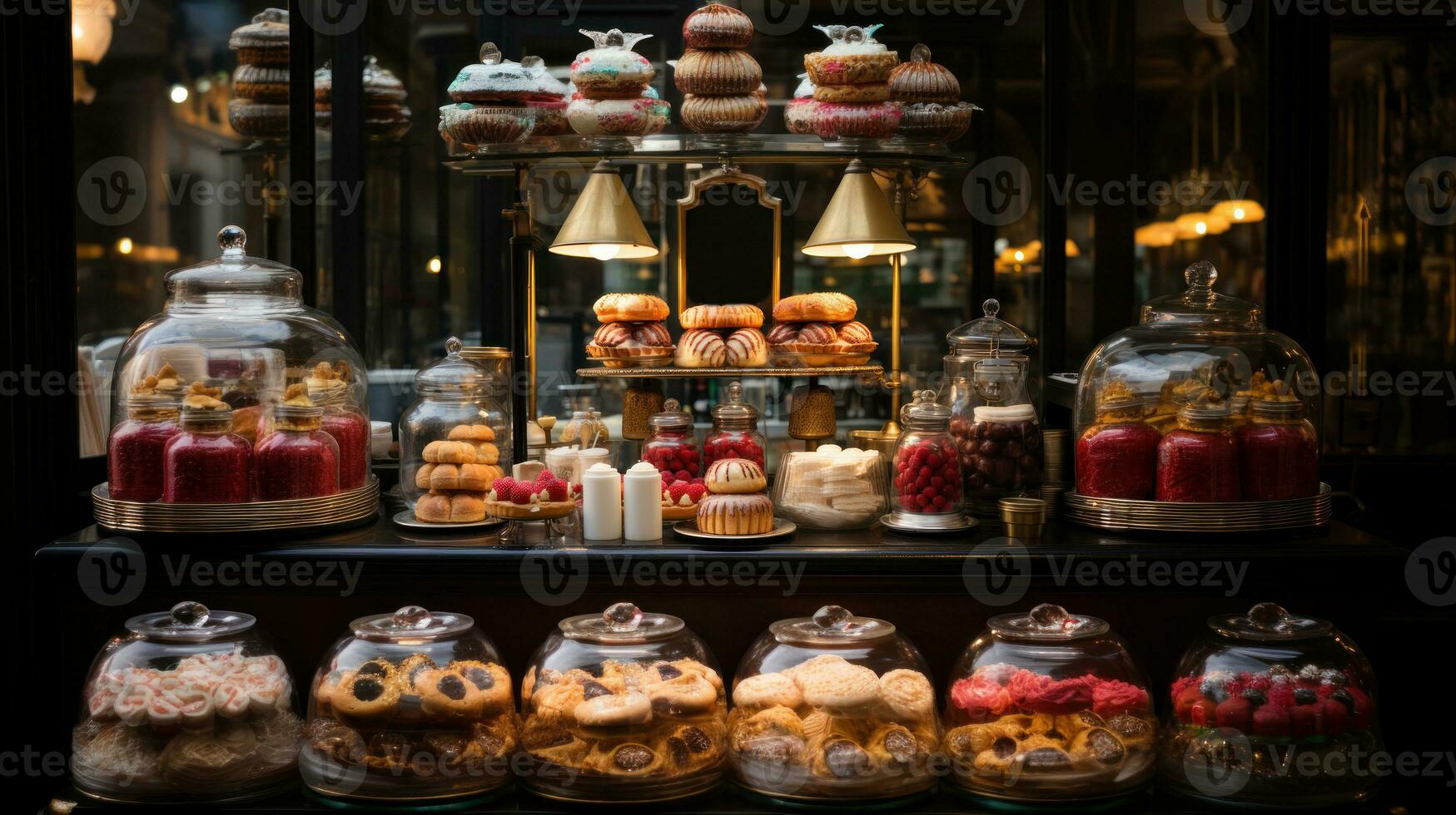 Sortiment von Kuchen und Gebäck im ein Geschäft Fenster im Paris. foto