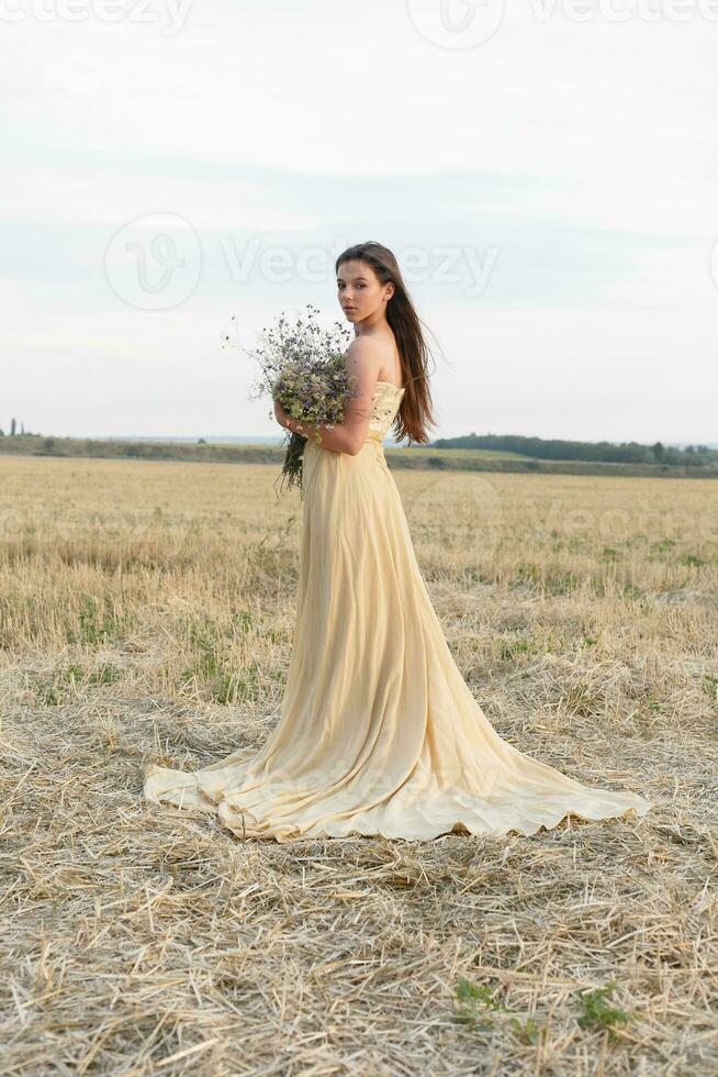 Frau Gehen im golden getrocknet Gras Feld. foto