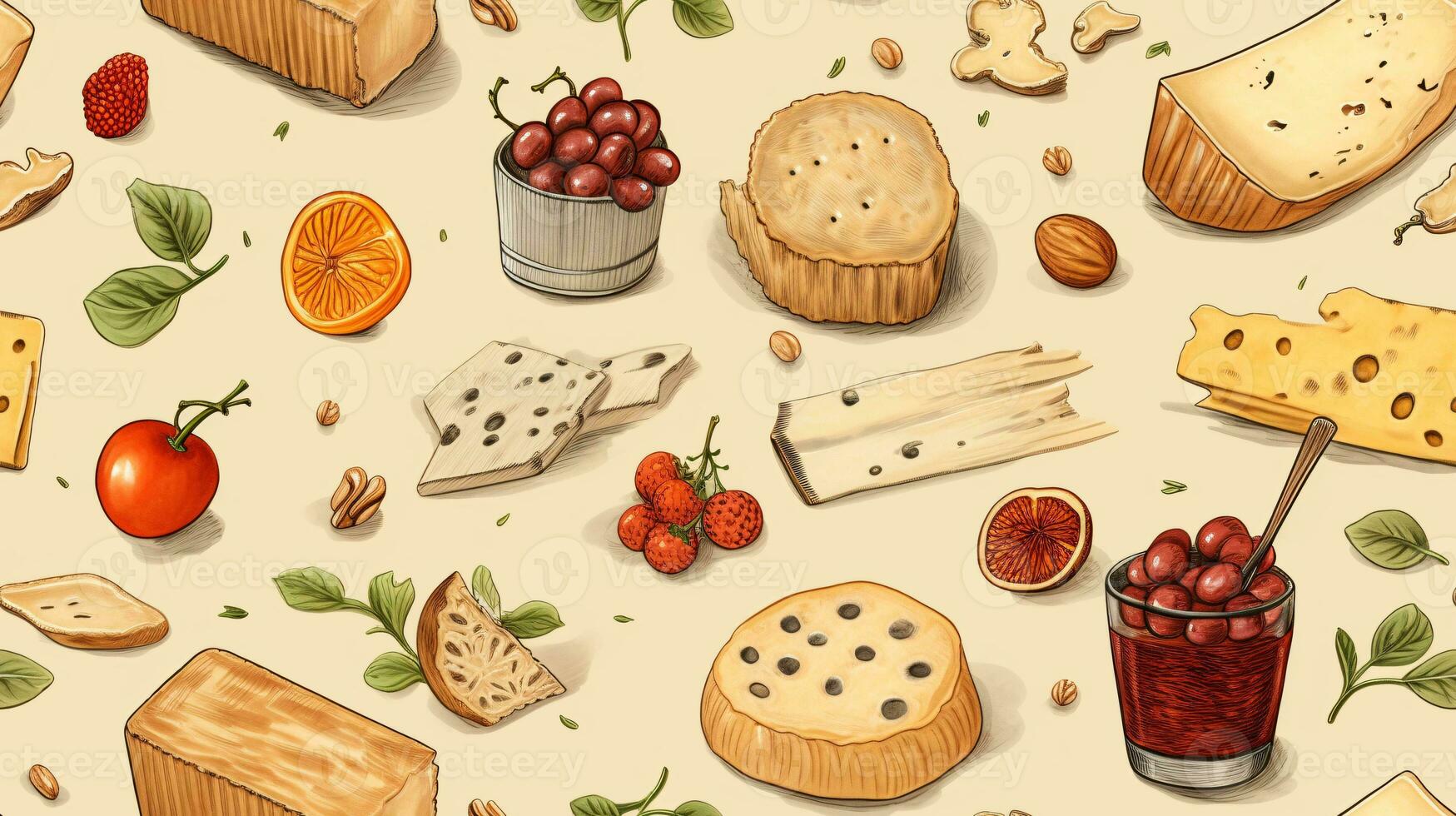 Käse und Obst Gourmet Jahrgang nahtlos Muster, ai generiert foto