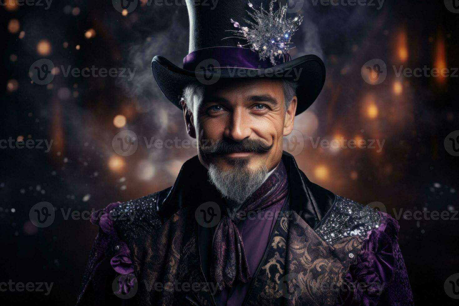 zauberhaft Zauberer im mystisch lila Kleidung isoliert auf ein funkelnd Silber Gradient Hintergrund foto