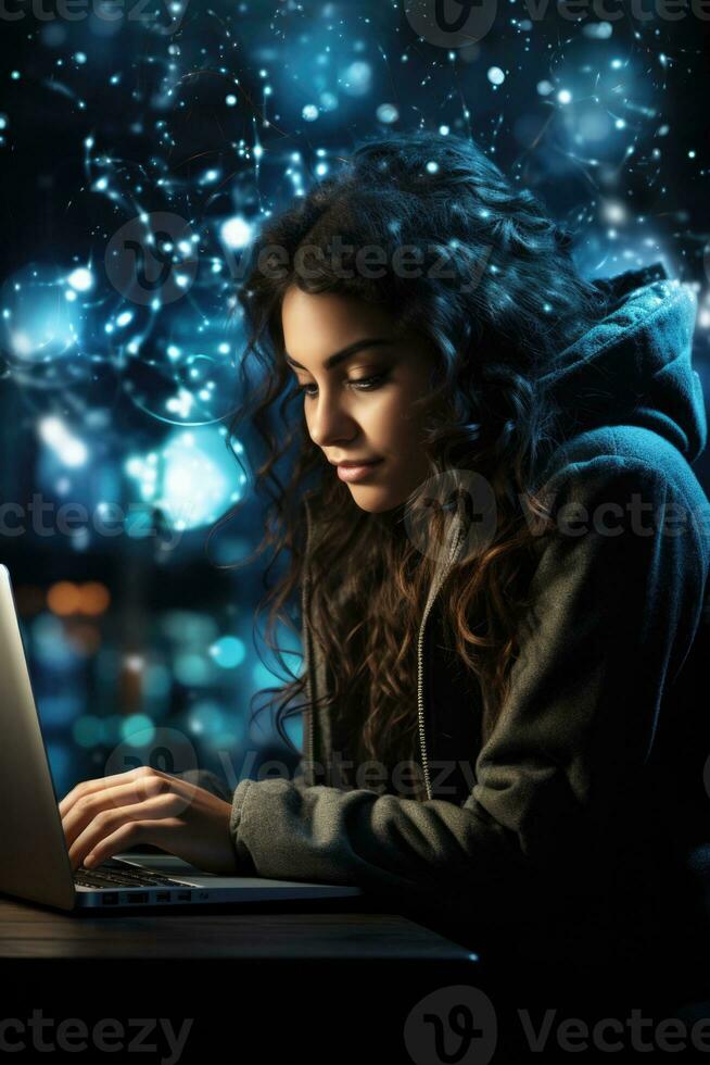 glänzend Konstellation umhüllend Frau beim Laptop Hintergrund mit leeren Raum zum Text foto