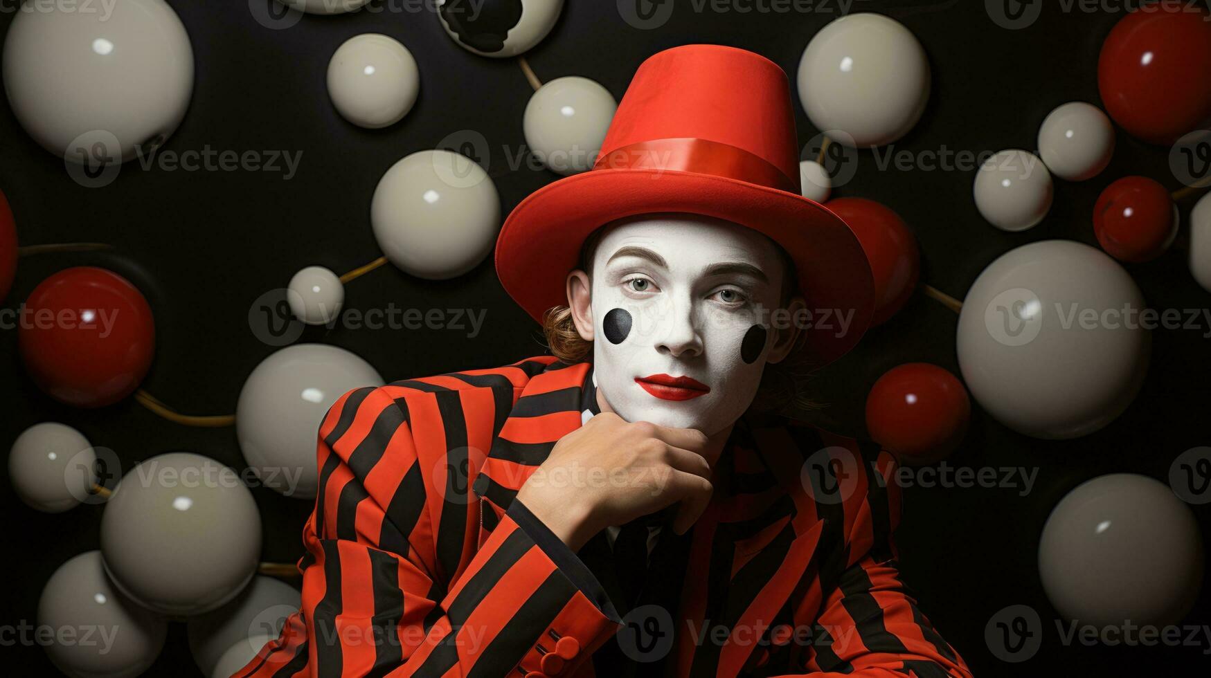 klassisch Clown Porträtmalerei Reich im gemütlich rot mysteriös schwarz und makellos Weiß foto