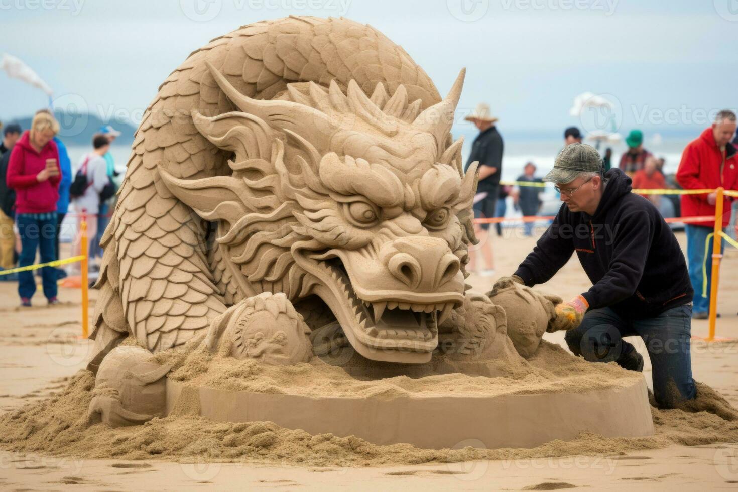 Sand Bildhauer Erstellen Drachen Meisterwerke beim Neu Jahr Strand Feste foto