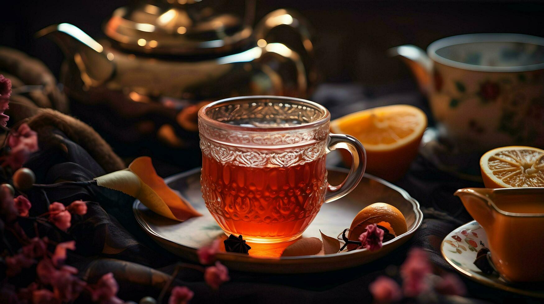 Kürbis würzen Tasse von Tee Lager Foto, gemütlich Teezeit Herbst trinken, generativ ai foto