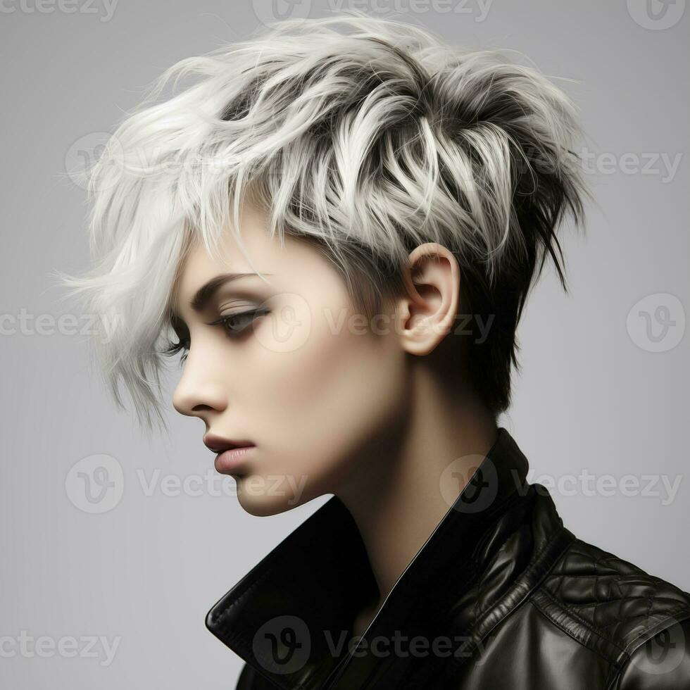 Illustration von ein Haarschnitt Mode Porträt, ai generiert foto