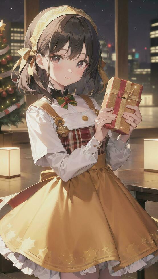 süß Anime Mädchen halten Geschenk Geschenk zum festlich Moment Weihnachten Zeit foto