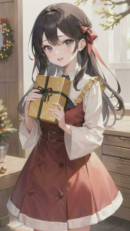 süß Anime Mädchen halten Geschenk Geschenk zum festlich Moment Weihnachten Zeit foto