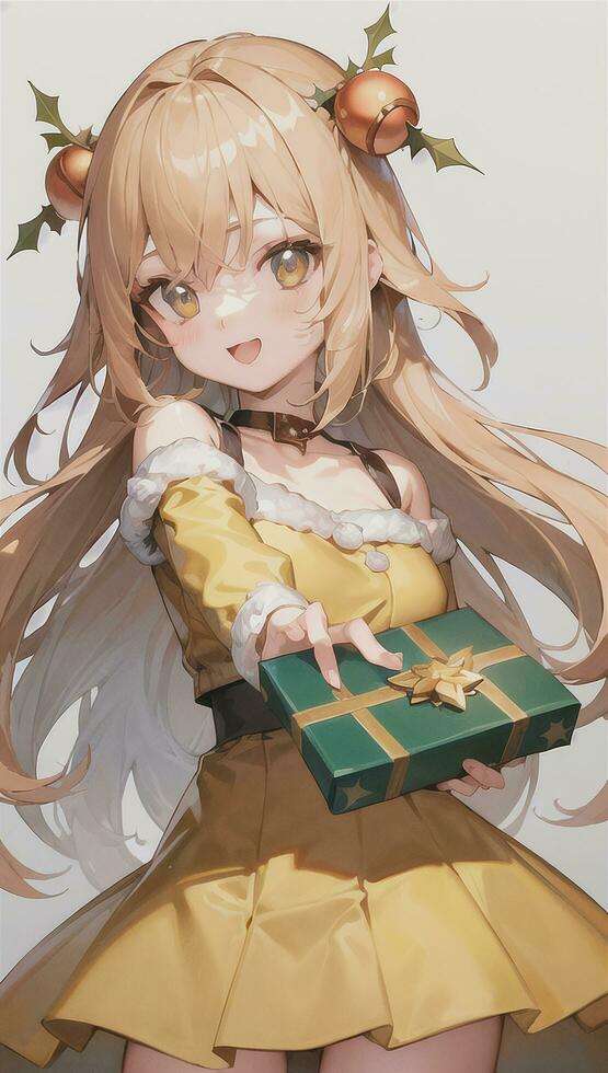 süß Anime Mädchen halten Geschenk Geschenk zum festlich Moment Weihnachten Zeit foto