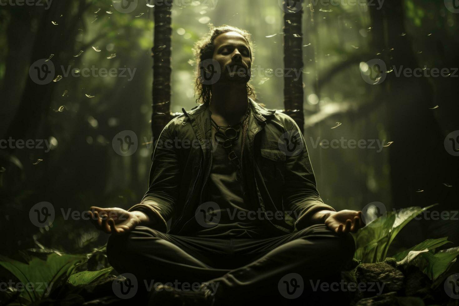 Mann Wald Baden reflektieren tief umgeben durch Heilung Grün Wald Ambiente foto
