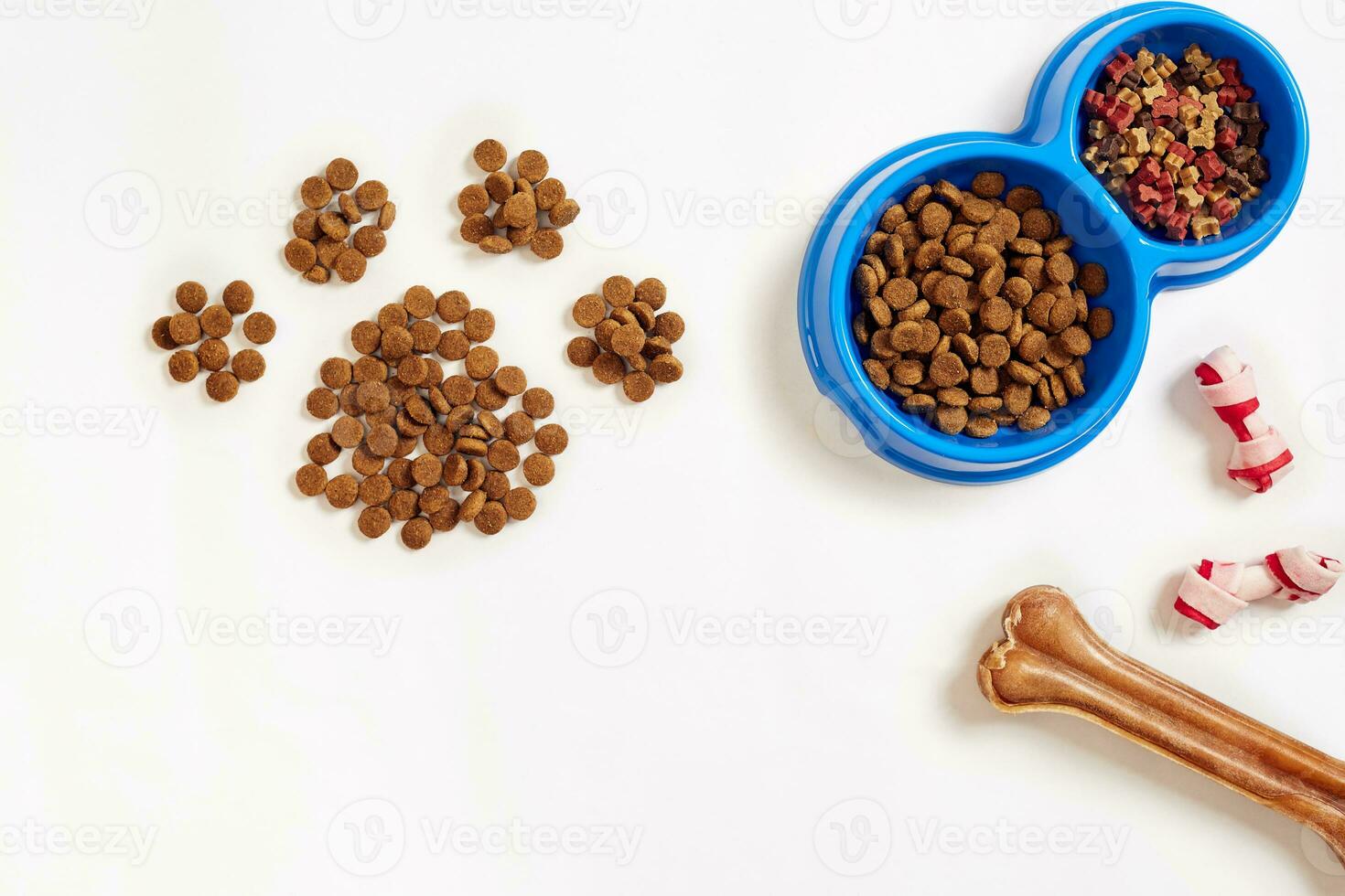 trocken Haustier Essen im Schüssel und Knochen auf Weiß Hintergrund oben Aussicht foto