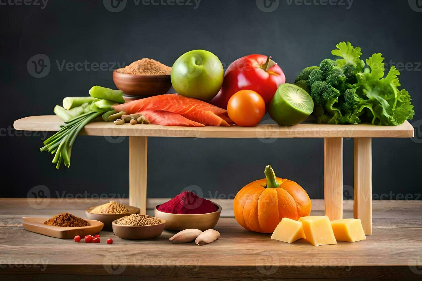 ein hölzern Tabelle mit verschiedene Früchte und Gemüse. KI-generiert foto