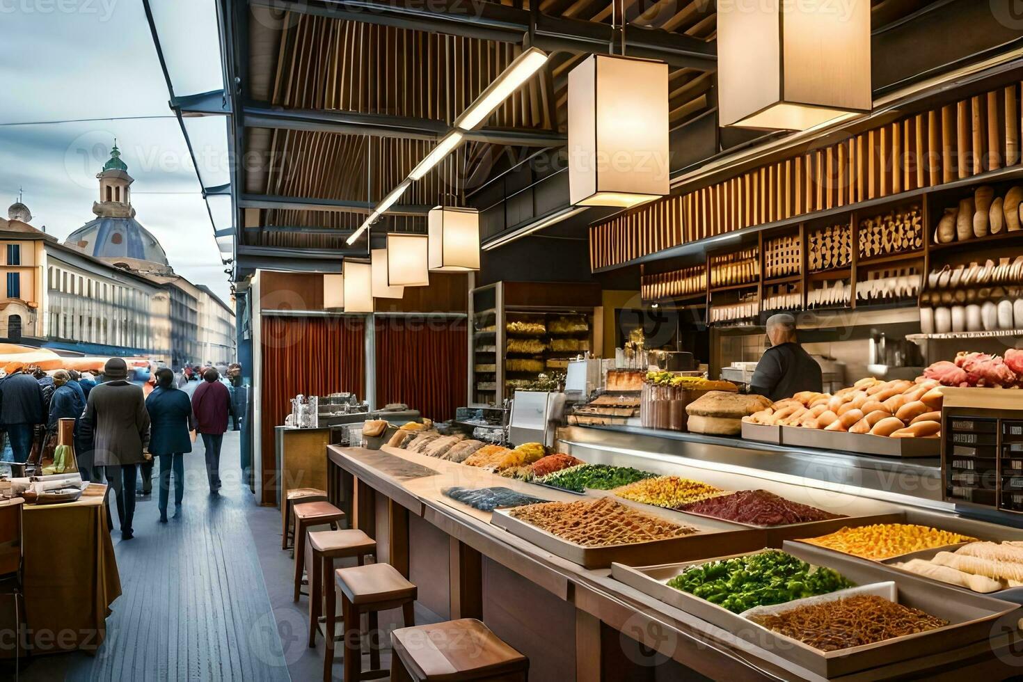 ein Essen Markt mit Menschen Gehen um. KI-generiert foto