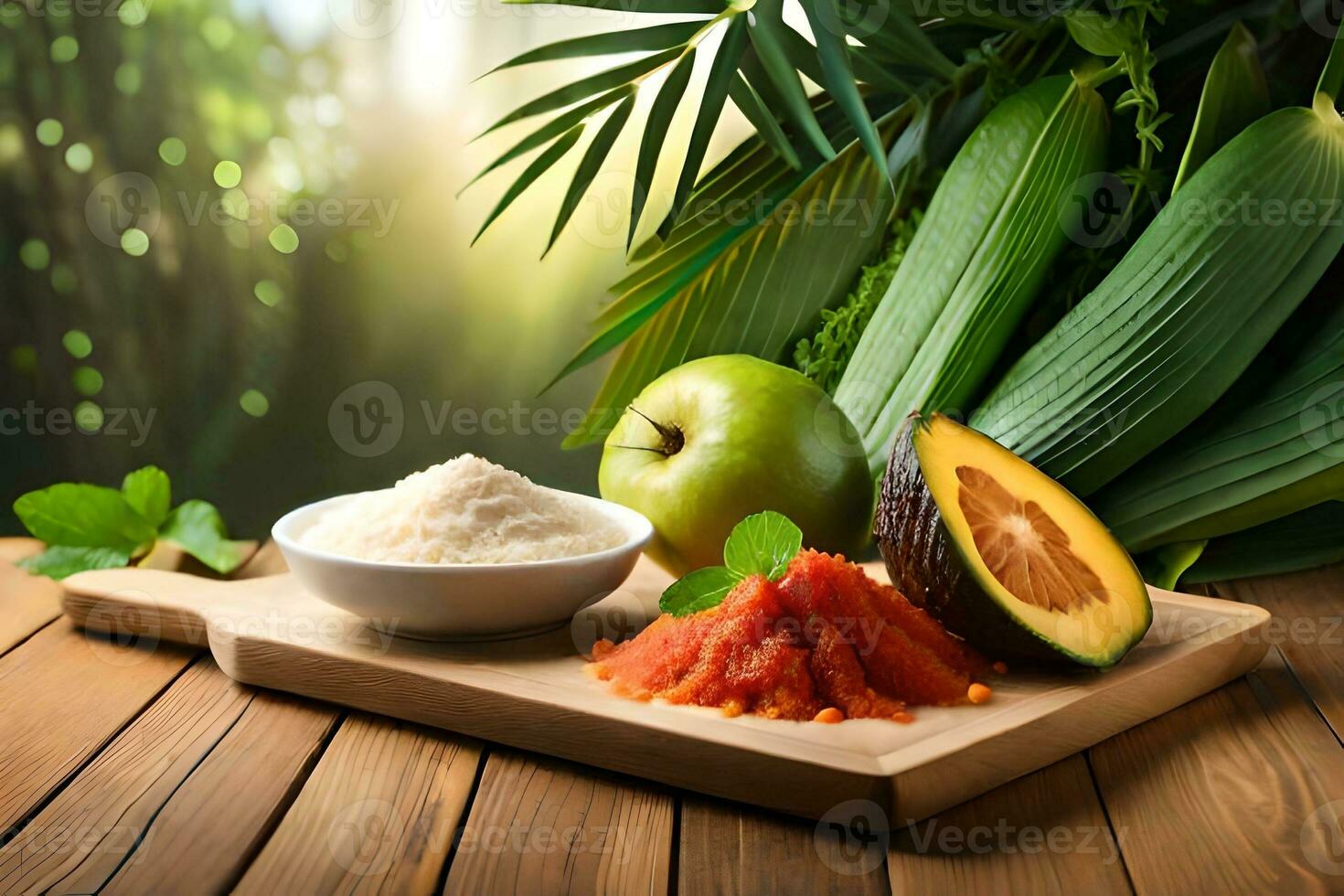 ein hölzern Schneiden Tafel mit ein Schüssel von Reis, Avocado, und ein Stück von Frucht. KI-generiert foto